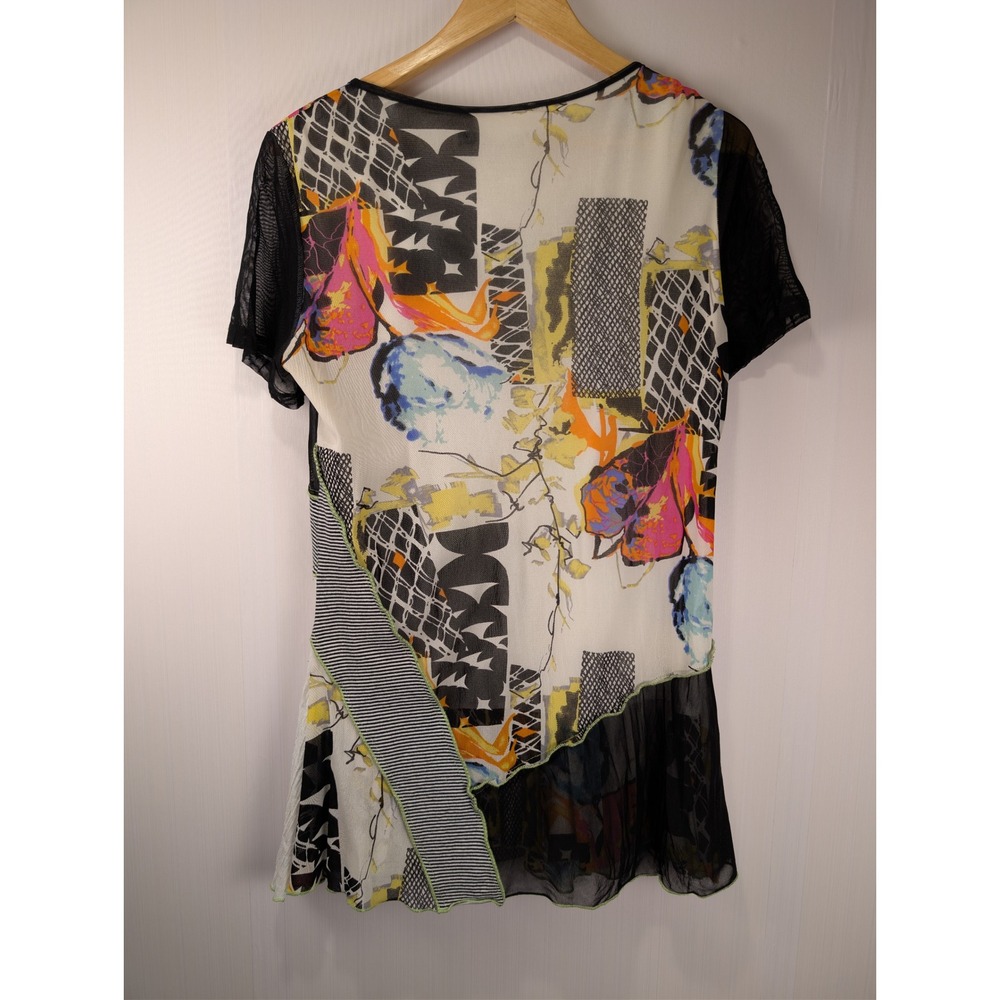 Radzoli Womens Patchwork Mixed Media Top Abstract Mesh Short Sleeve Large - Picture 2 of 6